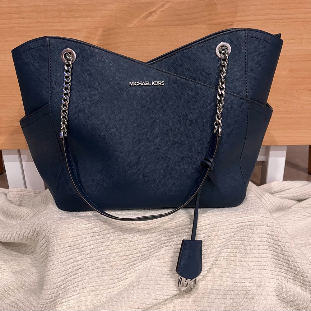 Michael Kors Dark Blue Shoulder Bag with Silver Accents